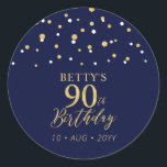 Gold Navy Blue Confetti 90th Birthday Party Favor Classic Round Sticker<br><div class="desc">This simple gold & navy blue sticker will add stylish detail to your special day. This design features modern gold script "90th Birthday",  hexagon confetti with custom text. Matching birthday invitations and party supplies are available in my shop BaraBomDesign.</div>