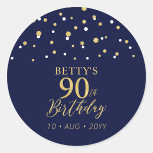Gold Navy Blue Confetti 90th Birthday Party Favor Classic Round Sticker