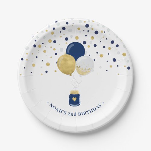 Gold  Navy Blue Confetti Balloons 1st Birthday Pa Paper Plates