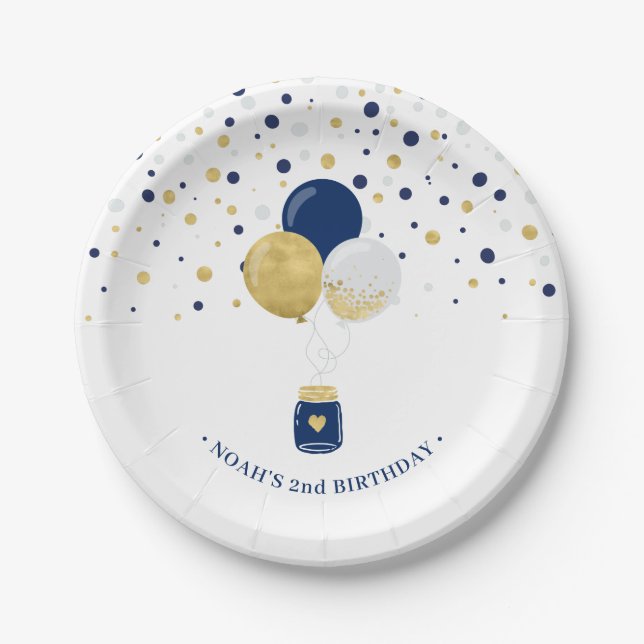 Gold & Navy Blue Confetti Balloons 1st Birthday Pa Paper Plates (Front)