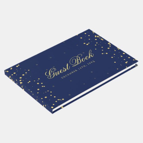 Gold Navy Blue Confetti Dots Guest Book