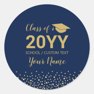 Gold & Navy Blue   Confetti Graduation Party Favor Classic Round Sticker