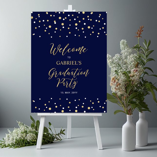 Gold & Navy Blue Confetti Graduation Party Welcome Foam Board (Creator Uploaded)