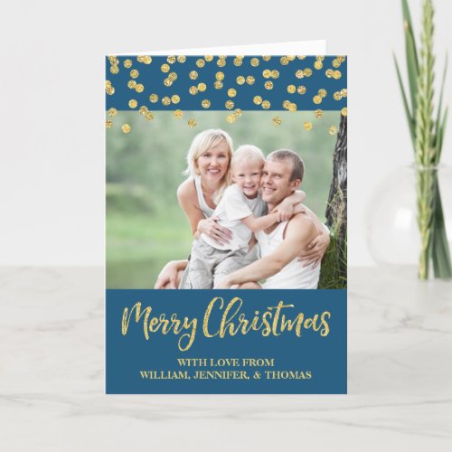 Gold Navy Blue Confetti Merry Christmas Photo Card