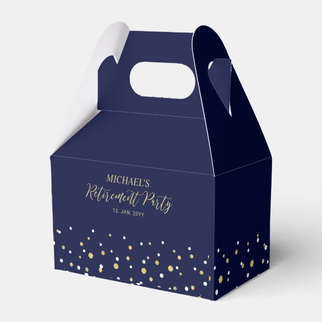 Gold & Navy Blue Confetti Modern Retirement Party Favor Boxes (Front Side)