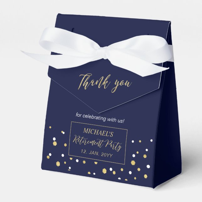 Gold & Navy Blue Confetti Modern Retirement Party Favor Boxes (Front Side)