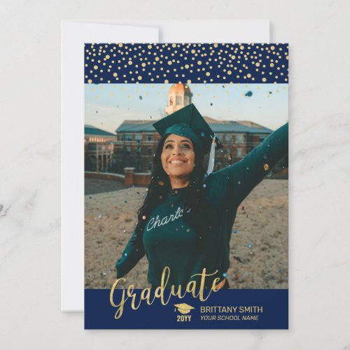 Gold  Navy Blue Confetti Photo Graduation Announcement