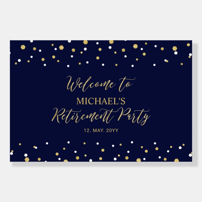 Gold & Navy Blue Confetti Retirement Party Welcome Foam Board (Front)