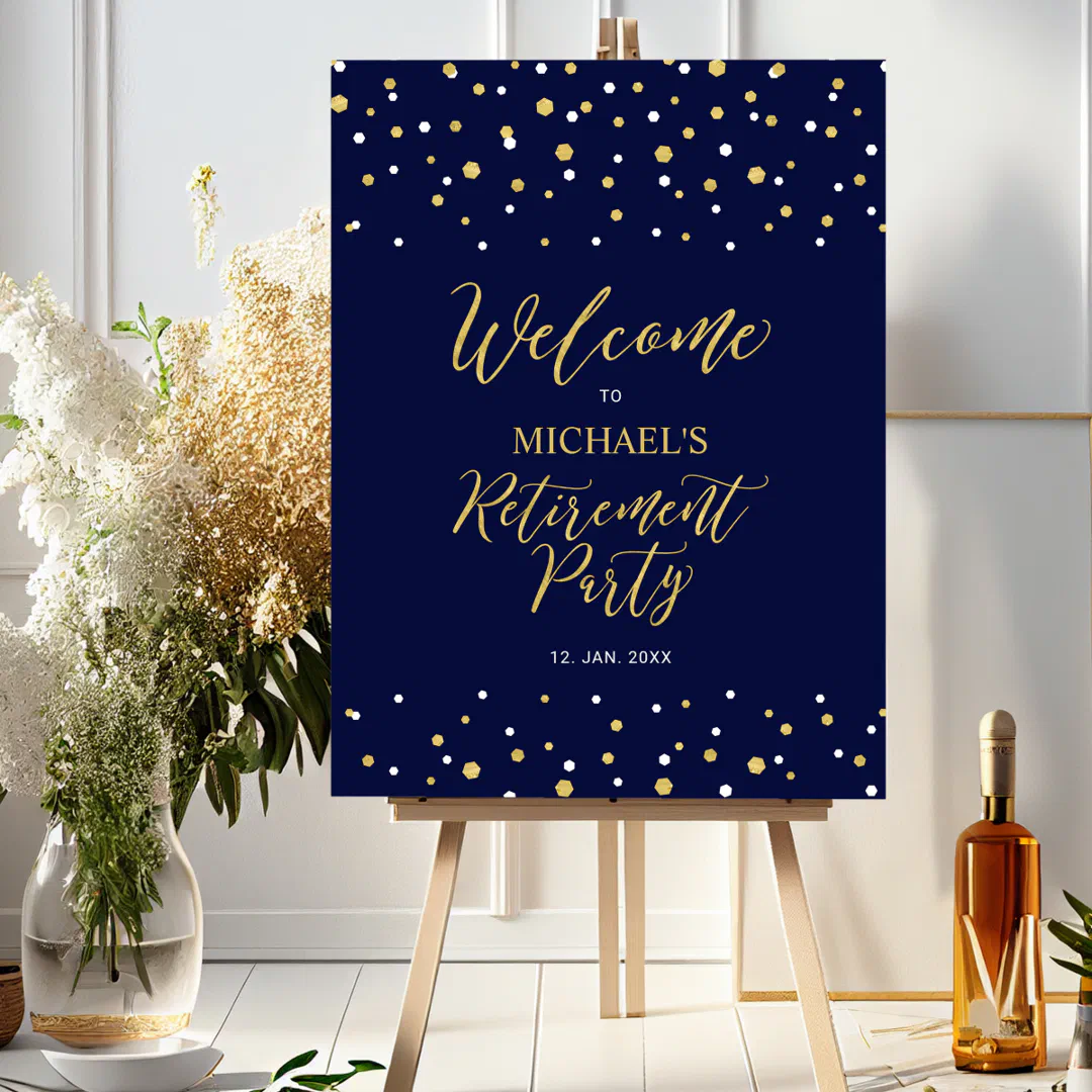 Gold & Navy Blue Confetti Retirement Party Welcome Foam Board (Creator Uploaded)