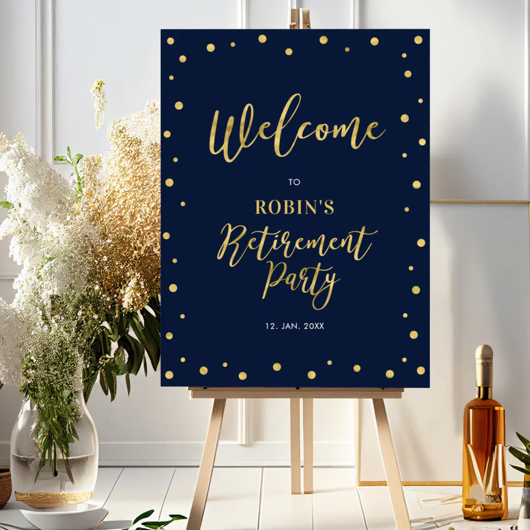 Gold & Navy Blue Confetti Retirement Party Welcome Foam Board (Creator Uploaded)