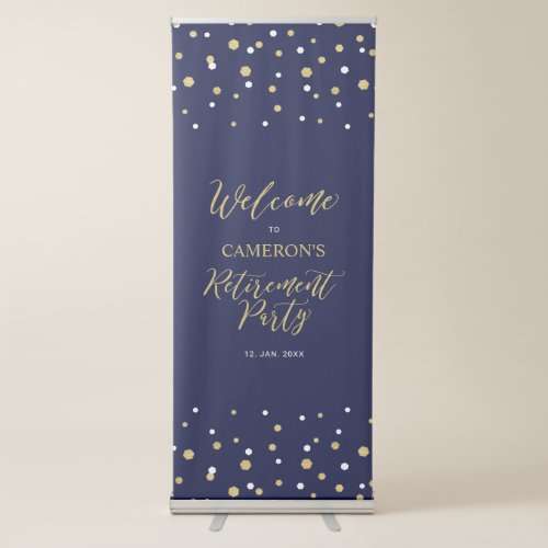 Gold  Navy Blue Confetti Retirement Party Welcome Retractable Banner