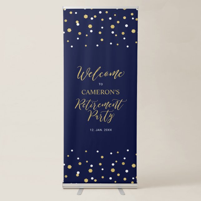 Gold & Navy Blue Confetti Retirement Party Welcome Retractable Banner (Front)
