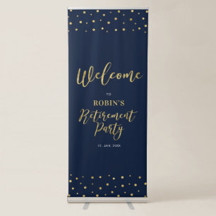 Gold & Navy Blue Confetti Retirement Party Welcome Retractable Banner