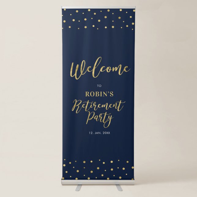 Gold & Navy Blue Confetti Retirement Party Welcome Retractable Banner (Front)