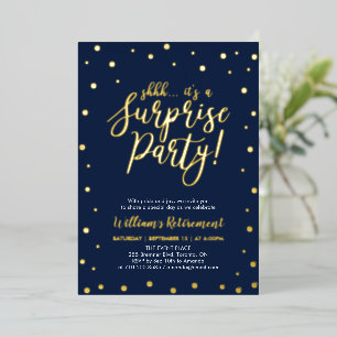 Gold Navy Blue Confetti Surprise Retirement Party Foil Invitation