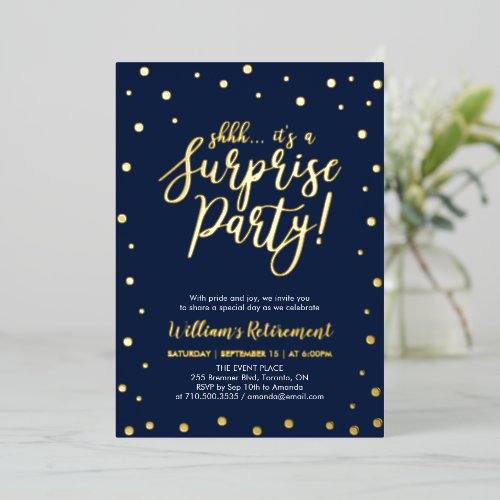 Gold Navy Blue Confetti Surprise Retirement Party
