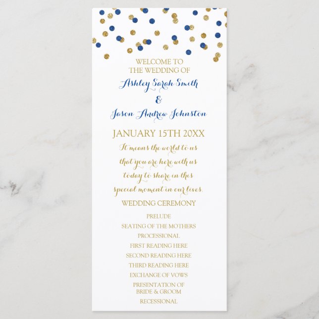 Gold Navy Blue Confetti Wedding Program (Front)