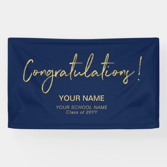 Gold & Navy Blue Congratulations! Graduation Party Banner (Horizontal)