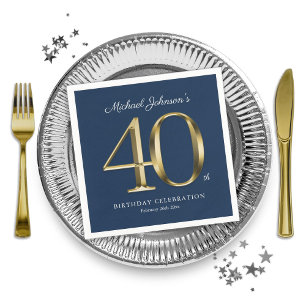 Gold Navy Blue Custom 40th Birthday Party Napkins