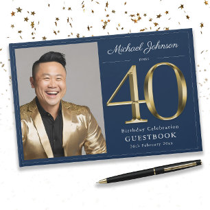 Gold Navy Blue Custom Photo 40th Birthday Guest Book