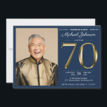 Gold Navy Blue Custom Photo Surprise 70th Birthday Invitation<br><div class="desc">Gold Navy Blue Custom Photo Surprise 70th Birthday Invitation. Prepare for an exquisite surprise with our Elegant Navy Blue and Gold milestone birthday invitation design. The classic combination of navy blue and gold sets the tone for a celebration dripping in sophistication. The simplicity of the design adds an air of...</div>