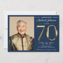 Gold Navy Blue Custom Photo Surprise 70th Birthday
