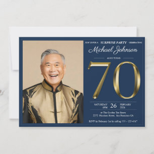 Gold Navy Blue Custom Photo Surprise 70th Birthday Invitation