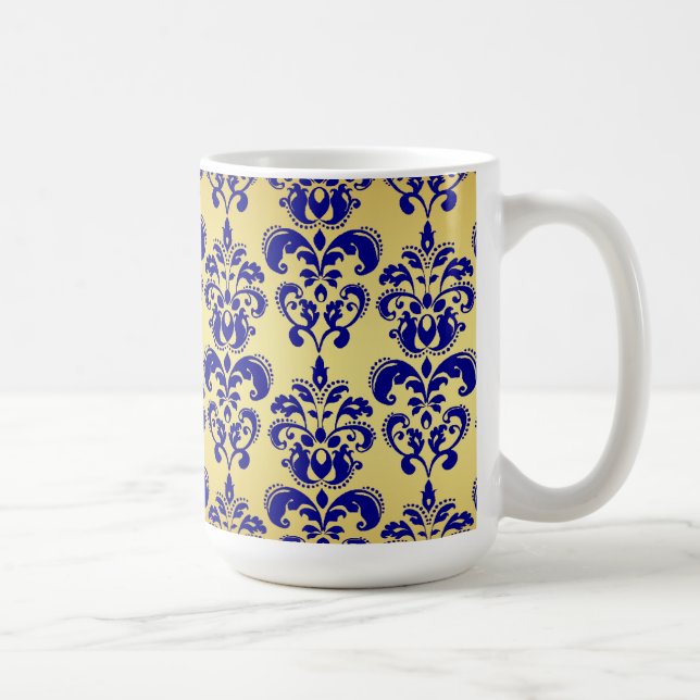 Gold, Navy Blue Damask Pattern 2 Coffee Mug (Right)