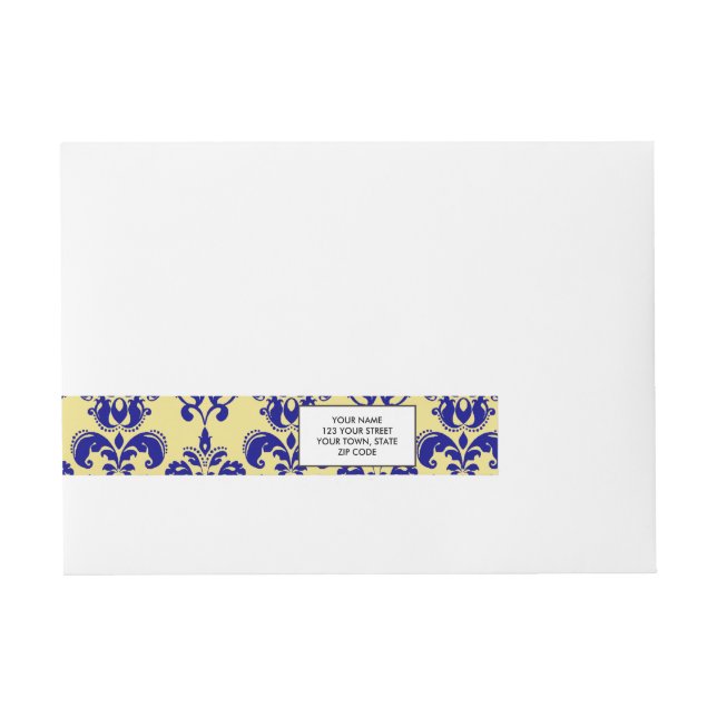 Gold, Navy Blue Damask Pattern 2 Wrap Around Address Label (Front)
