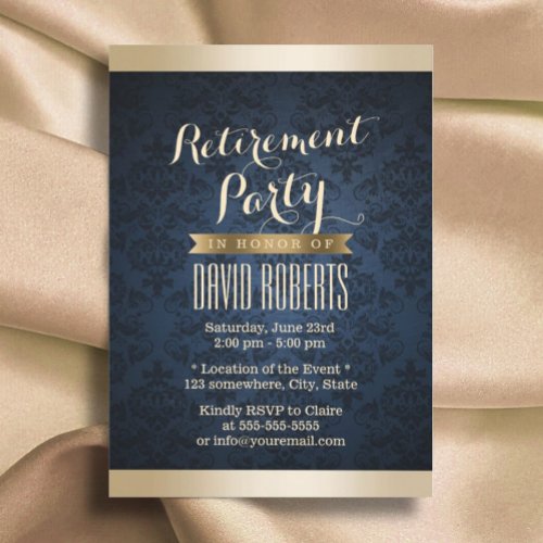 Gold  Navy Blue Damask Pattern Retirement Party Invitation