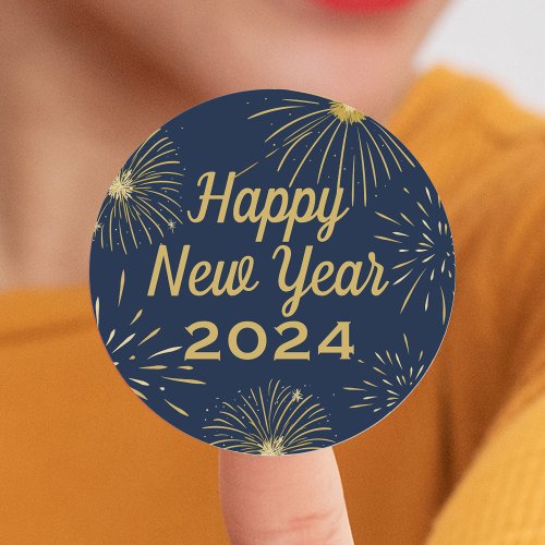 Gold Navy Blue Elegant 2024 Happy New Year Party Classic Round Sticker