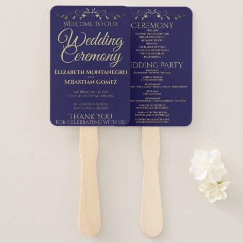 Gold  Navy Blue Elegant Flourish Wedding Program Hand Fan