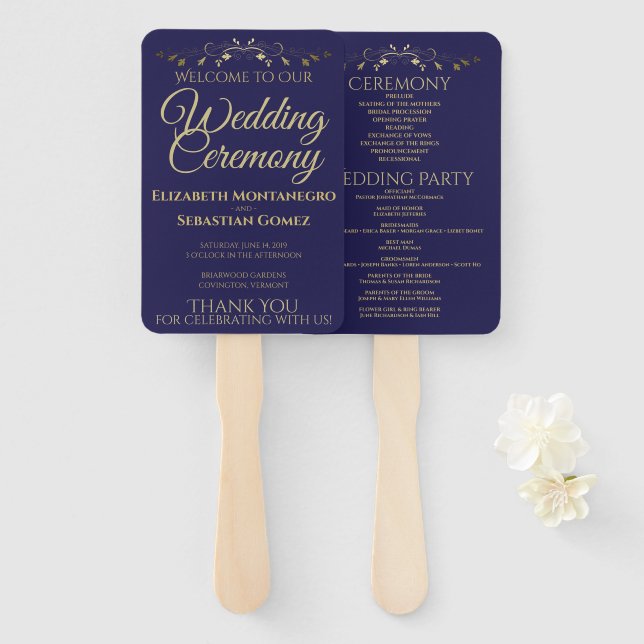 Gold & Navy Blue Elegant Flourish Wedding Program Hand Fan (Front and Back)