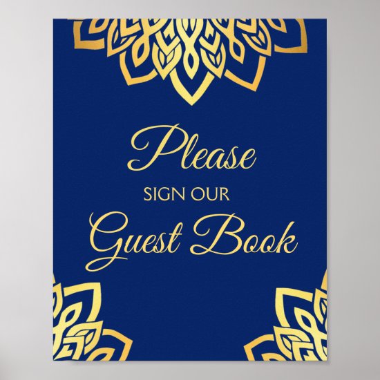 Gold Navy Blue Elegant Guestbook Wedding Sign