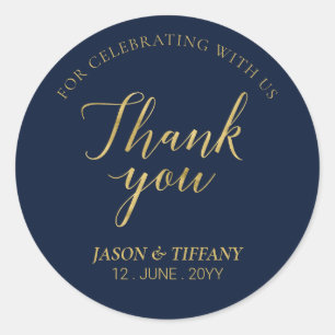 Gold & Navy Blue   Elegant Party Favor Thank you Classic Round Sticker