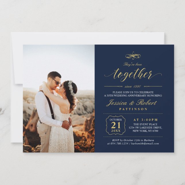 Gold & Navy Blue Elegant Photo Wedding Anniversary Invitation (Front)