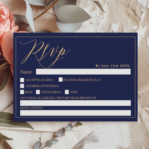 Gold navy blue elegant script chic rsvp wedding invitation