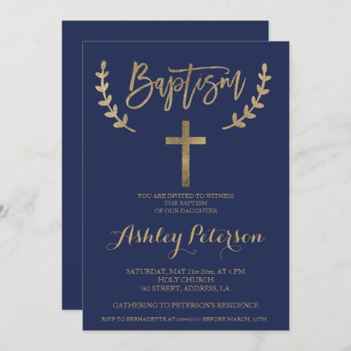Gold navy blue elegant typography baptism invitation