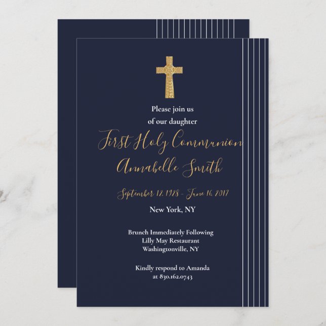 Gold navy blue elegant typography  First Holy Comm Invitation (Front/Back)
