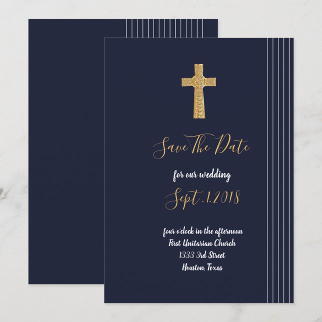Gold navy blue elegant typography save the date invitation (Front/Back)