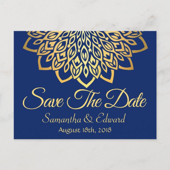 Gold Navy Blue Elegant Wedding Save the Date Announcement Postcard