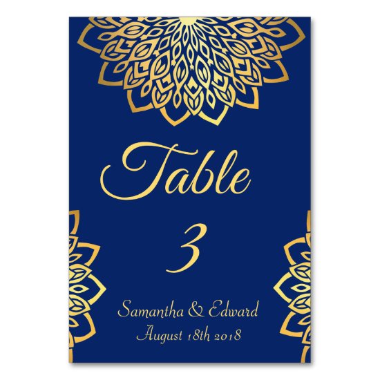 Gold Navy Blue Elegant Wedding Table Number