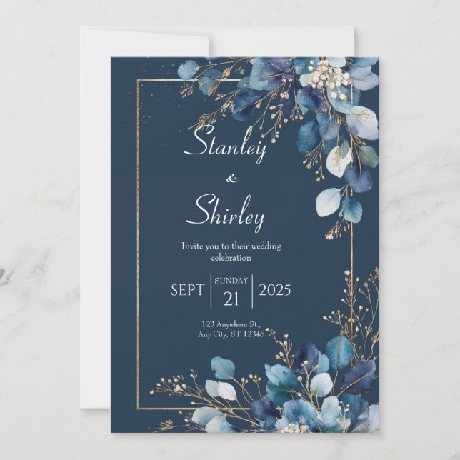 Gold Navy Blue Eucalyptus Winter Wedding Invitation (Front)