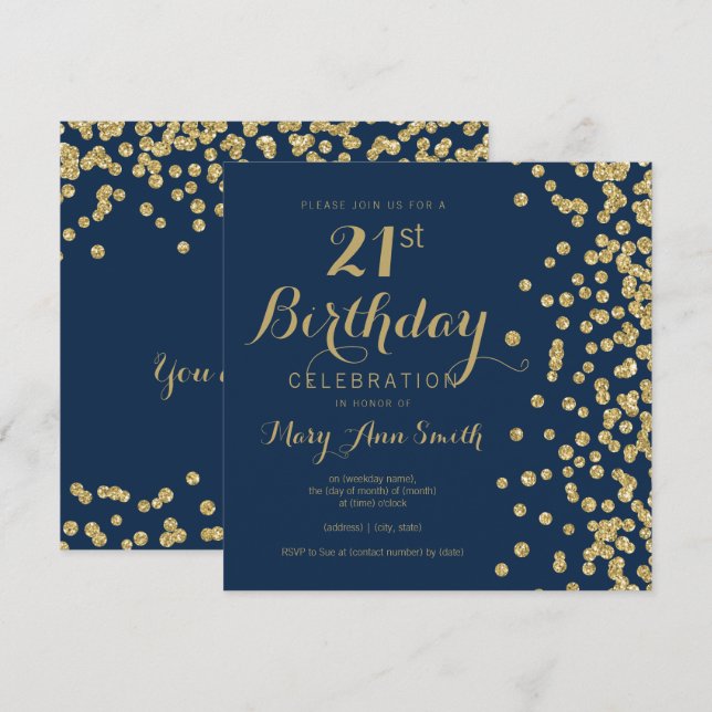 Gold Navy Blue Faux Glitter Confetti 21st Birthday Invitation (Front/Back)