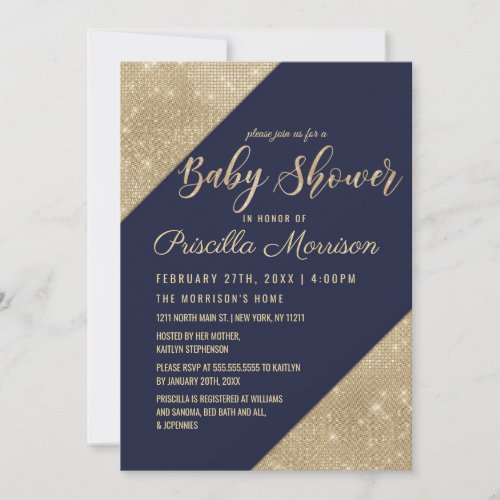 Gold Navy Blue Faux Glitter Sequin Baby Shower Invitation
