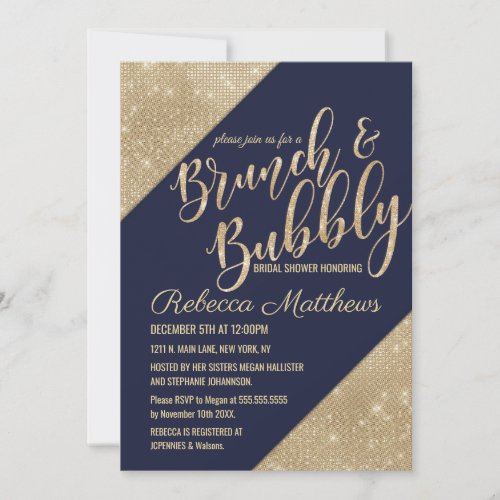 Gold Navy Blue Faux Glitter Sequin Brunch Bubbly Invitation
