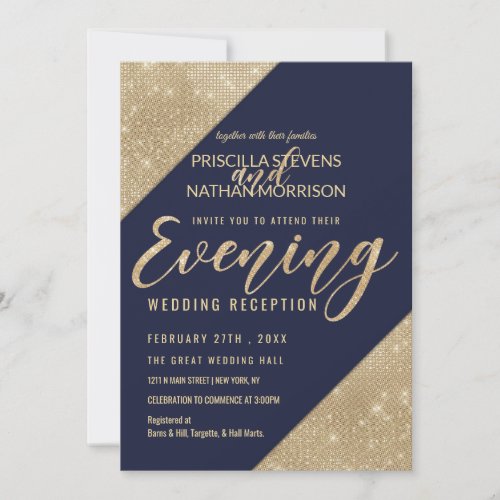 Gold Navy Blue Faux Glitter Sequin Evening Invitation