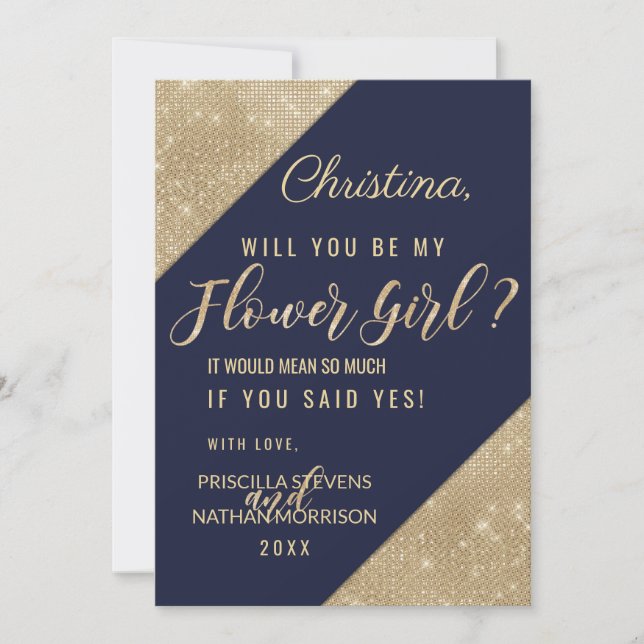 Gold Navy Blue Faux Glitter Sequin Flower Girl Invitation (Front)