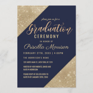 Gold Navy Blue Faux Glitter Sequin Graduation Invitation
