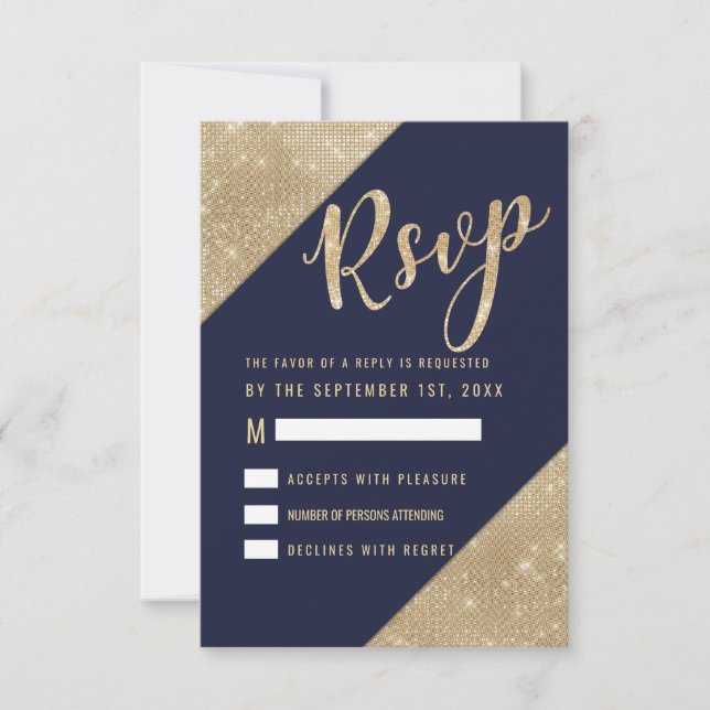 Gold Navy Blue Faux Glitter Sequin RSVP Invitation (Front)